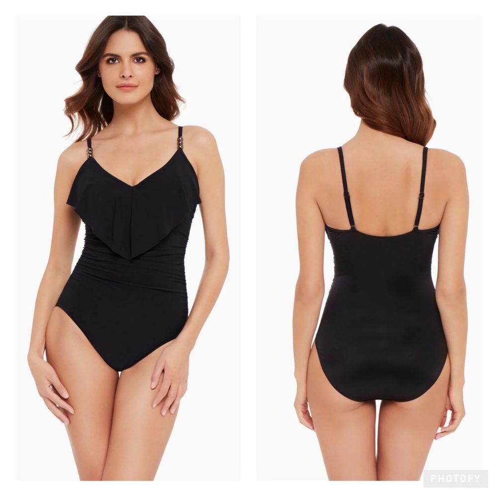 Black Ruffled One-Piece Swimsuit with Adjustable Straps